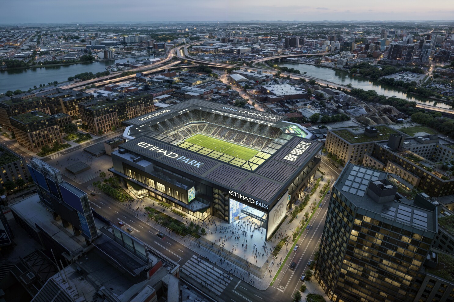 Imagen del futuro estadio del New York City FC, adjunto al estadio Citi Field de los Mets de Nueva York. Debe ser inaugurado en 2027. (HOK/NYCFC vía AP)